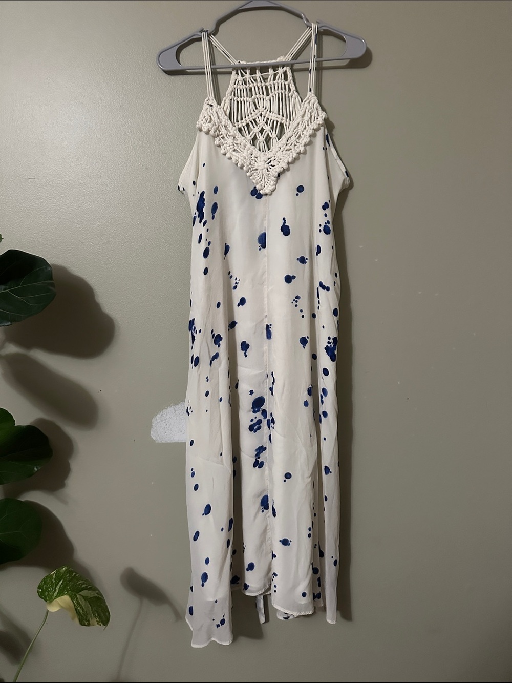 Crochet straps Maxi Dress in White with Blue Splatter